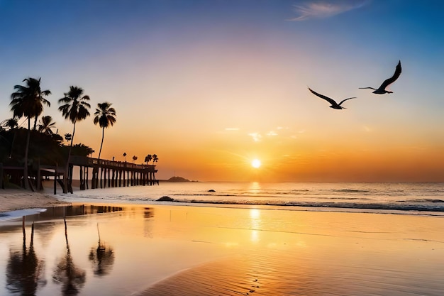 A sunset with palm trees and a pier in the background