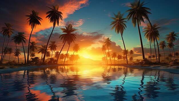 a sunset with palm trees and a pool with a mountain in the background