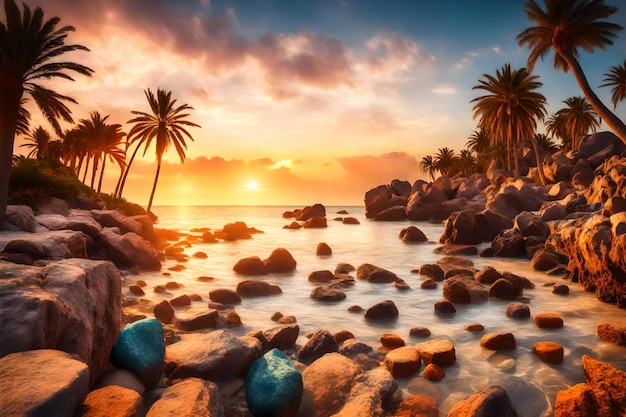 a sunset with palm trees and rocks on the beach