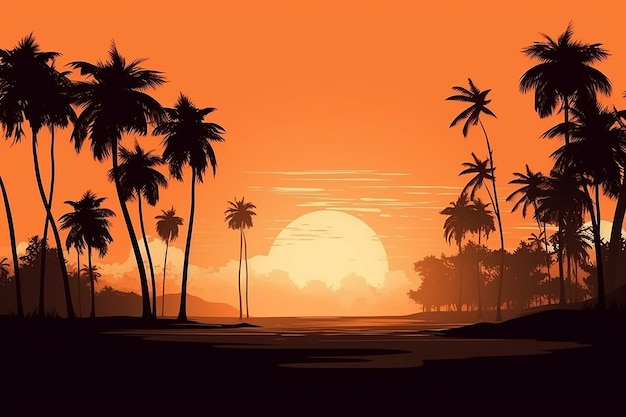 A sunset with palm trees and the sun in the background