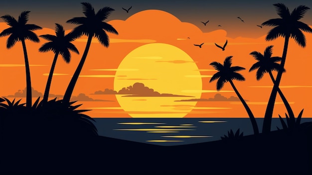 A sunset with palm trees and the sun in the background