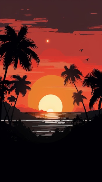 A sunset with palm trees and the sun in the background