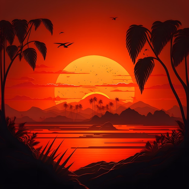 A sunset with palm trees and the sun on the horizon