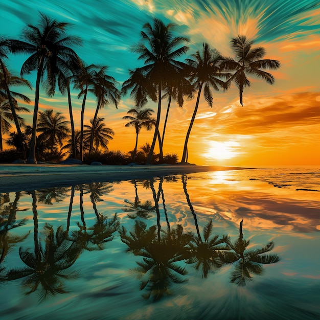 a sunset with palm trees and the sun reflecting in the water.