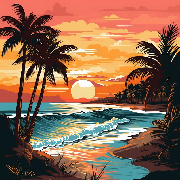 a sunset with palm trees and the sun setting in the background