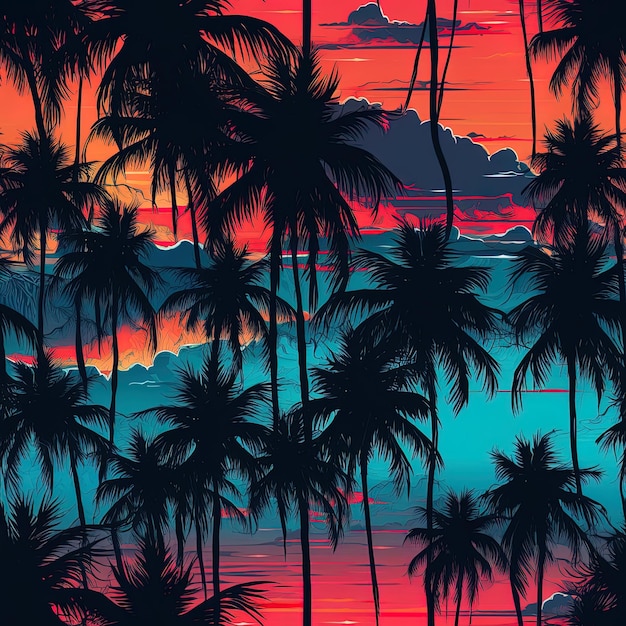 a sunset with palm trees and a sunset in the background