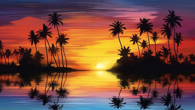 a sunset with palm trees and sunset