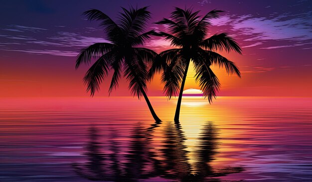 a sunset with palm trees in the water and a sunset in the background