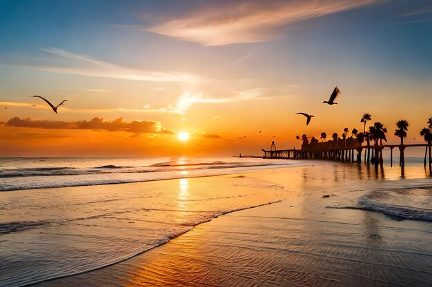 A sunset with people on the beach and a pier in the background