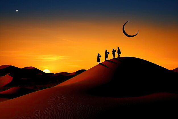 Photo a sunset with people on the sand dunes.