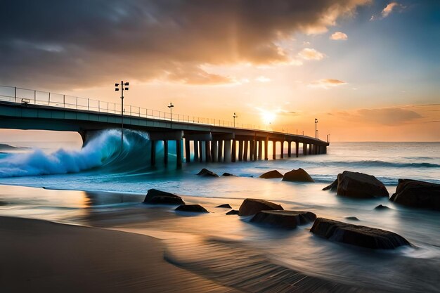 A sunset with a pier in the background.