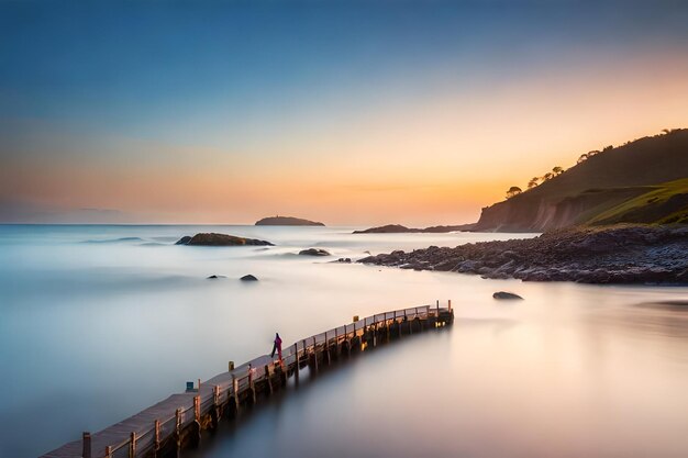 Photo a sunset with a pier and a person walking on the pier