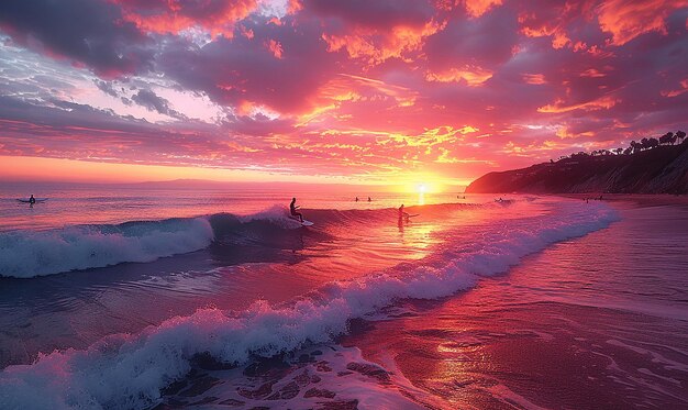 a sunset with a pink and orange sky and two surfers in the water