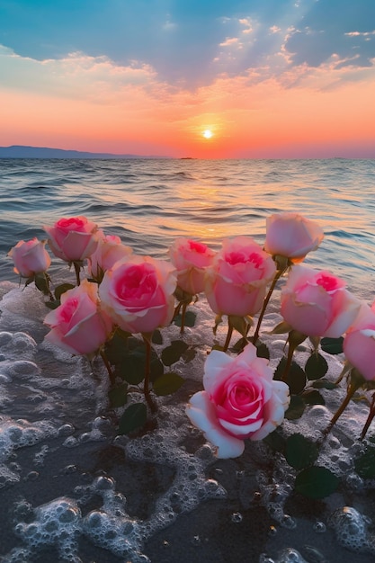 A sunset with pink roses in the water