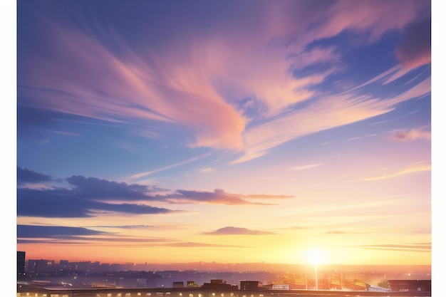 街の上空を飛ぶ飛行機と夕日