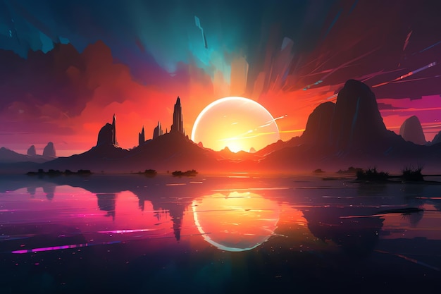 A sunset with a planet in the background