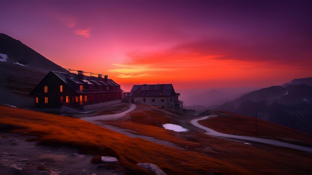 A sunset with a purple sky and a house in the foreground.