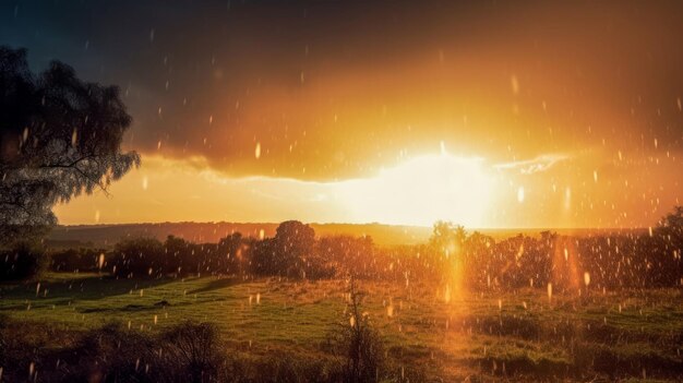 空に雨が降る夕日