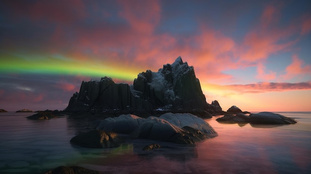 A sunset with a rainbow in the sky