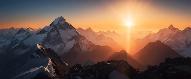 Sunset with rays on the Mount Everest hill station wide landscape