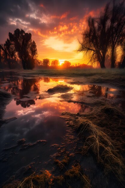 A sunset with a red sky and clouds