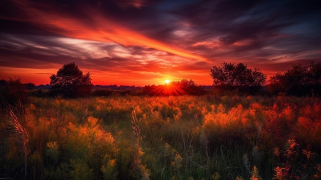 A sunset with a red sky and the sun shining through the clouds