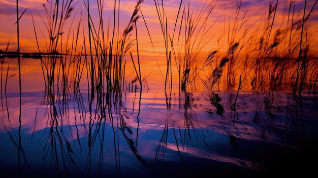 a sunset with reeds in the water