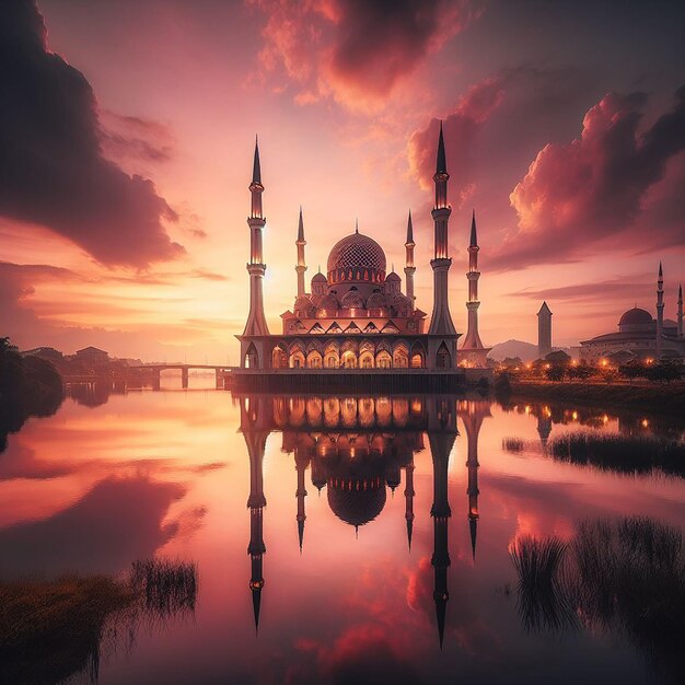 Photo a sunset with a reflection of a mosque in the water