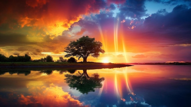 Foto tramonto con il riflesso di un albero