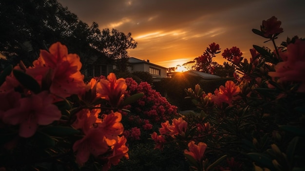 A sunset with rhododendrons in the foreground and a house in the background.