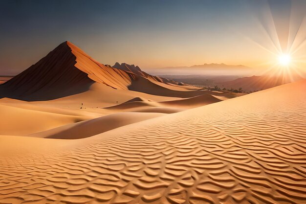 A sunset with the ripples in the sand