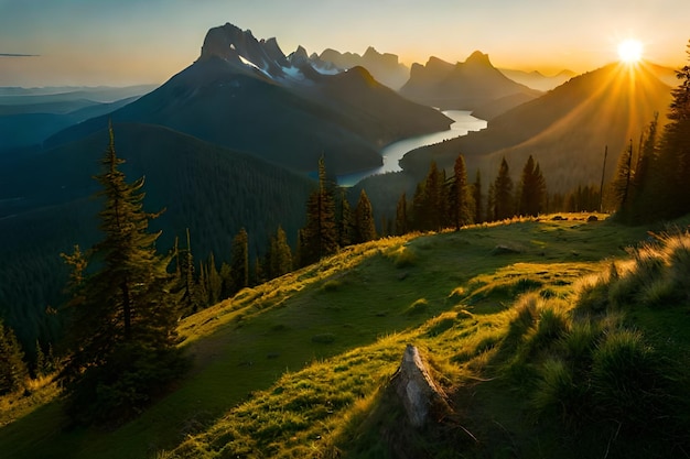 a sunset with a river in the background