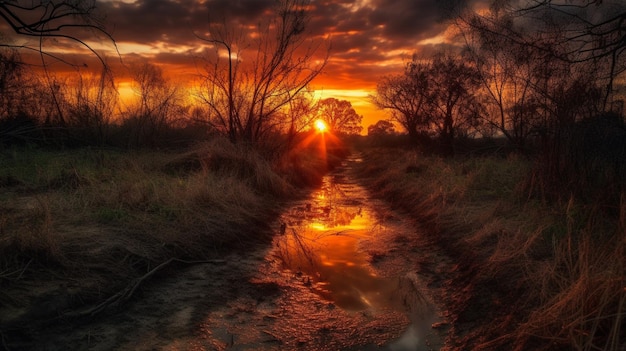 A sunset with a river in the foreground and a cloudy sky in the background.