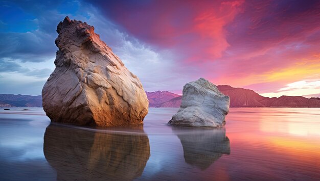 a sunset with a rock in the water