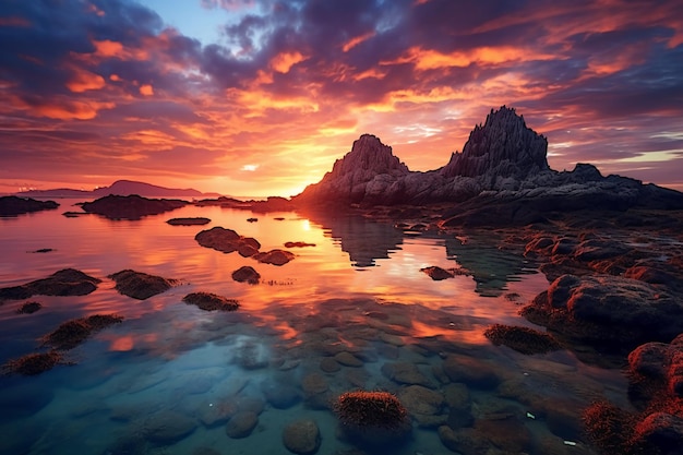 A sunset with rocks in the water and a colorful sky