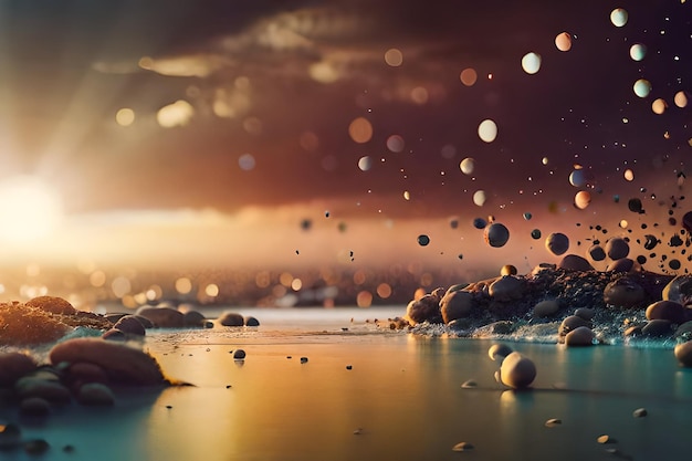 a sunset with rocks and water in the foreground