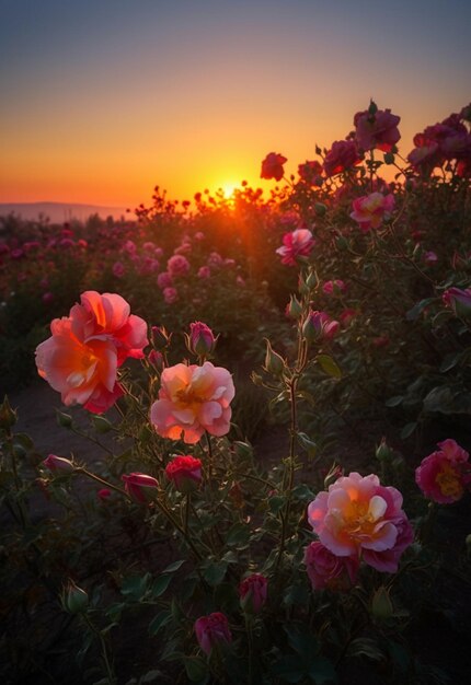 A sunset with roses in the foreground and a pink sunset in the background.