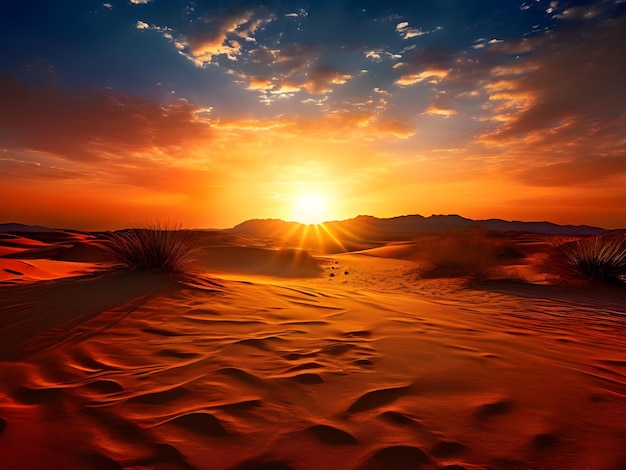 a sunset with a sand dune and a sunset in the background