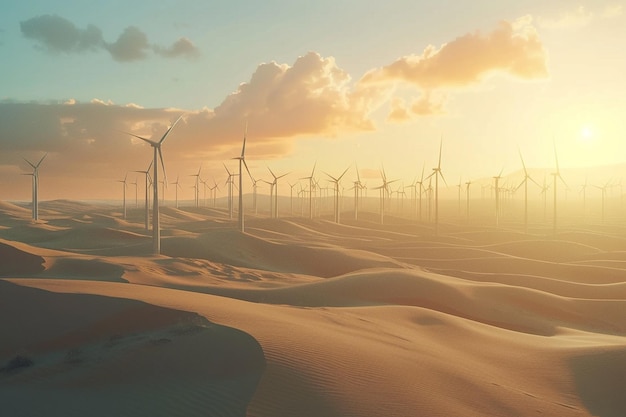 a sunset with a sand dune and wind turbines