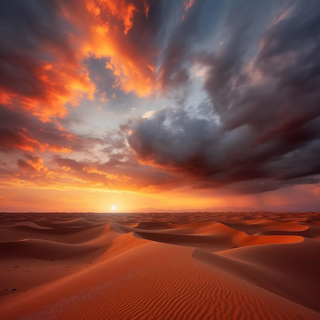 a sunset with sand dunes and clouds in the background