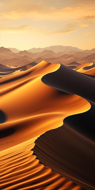 Закат с песчаными дюнами на переднем плане.