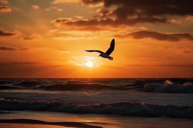 A sunset with a seagull flying over the ocean