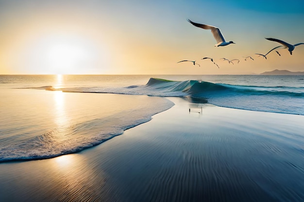 波の上を飛ぶカモメと夕日