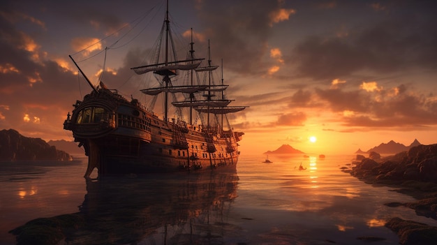 A sunset with a ship in the foreground and a sunset in the background.