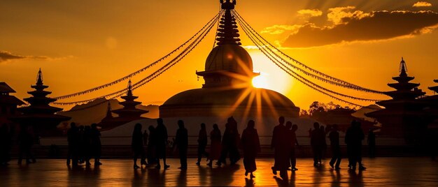 Foto un tramonto con una silhouette di persone che camminano davanti a un tempio