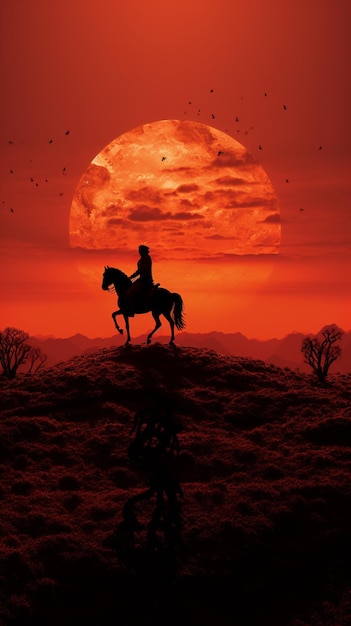 Sunset with a silhouette of a person riding a horse in the distance generative ai