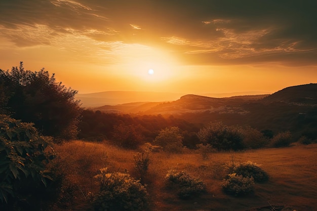 Закат с солнцем, отбрасывающим теплые тона на живописный пейзаж, созданный с помощью генеративного искусственного интеллекта