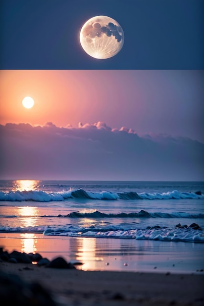 A sunset with the sun and the moon in the sky