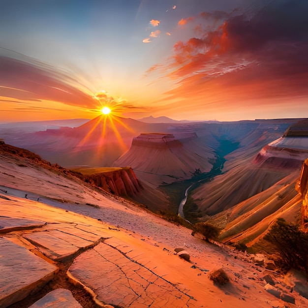 A sunset with the sun setting over a canyon.