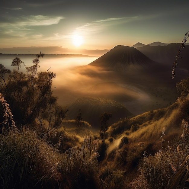 A sunset with the sun setting behind the mountains